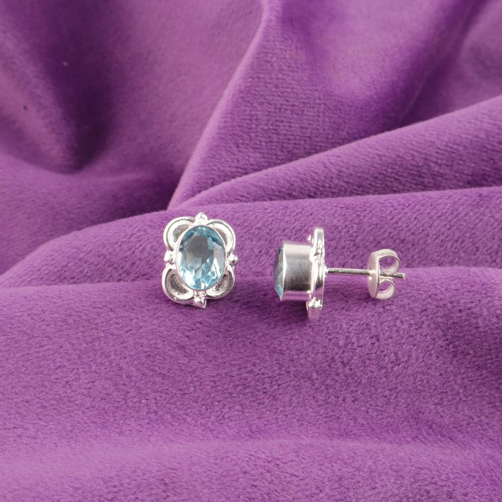 Natural Sky Blue Topaz 925 Sterling Silver Daughter Gift Stud Push Back Earrings EE-149-17