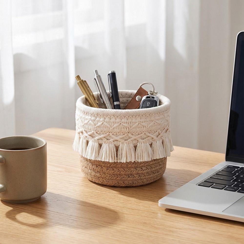 Round Woven Storage Basket Cotton Rope Makeup Brush Storage Box Pen Holder for Living Room