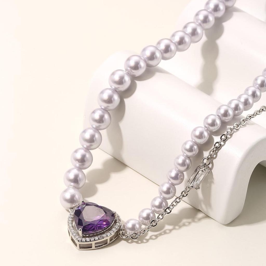 High-End Light Purple Zircon Heart Pendant Necklace