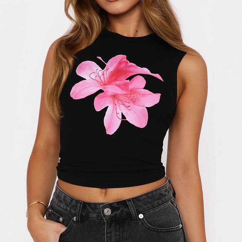 

Женский летний топ Y2K с круглым вырезом, без рукавов, с цветочным принтом, повседневный, приталенный, жилет, открывающий живот S