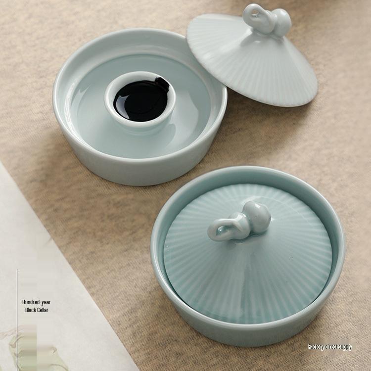 Bamboo Hat Porcelain Inkstone with Lid - Anti-Dry Ink Storage for Calligraphy Supplies and Study Decor