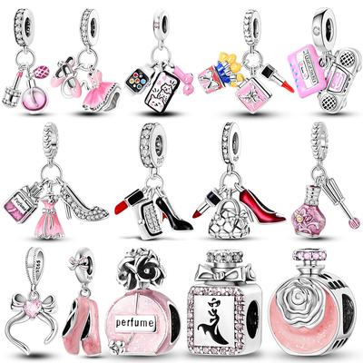 Fits Original Charms Copper Pendant Beads Bow Perfume Bottle Pink Charm For Women Fine Diy Birthday Luxury Jewelry Gifts