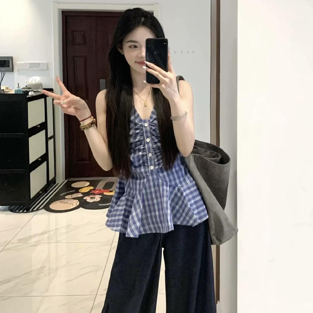 Korean V-neck blue plaid neck sling vest women's summer temperament sweet and spicy off-the-shoulder waist sleeveless top