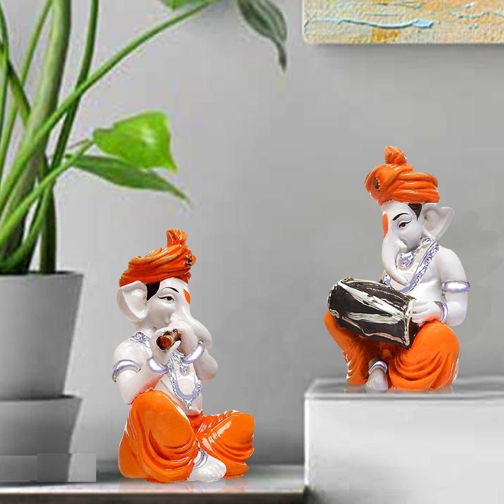Musical Ganesha Pair for Home Decor | Brings Prosperity - (Orange and White, Pack of 2)(Resin)