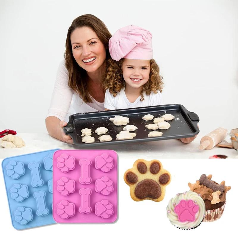 Pink and Blue Puppy Dog Paw and Bone Cake Mold Silicone Ice Cubes Chocolate Molds For Candy Crayons Non-Stick Baking Molds