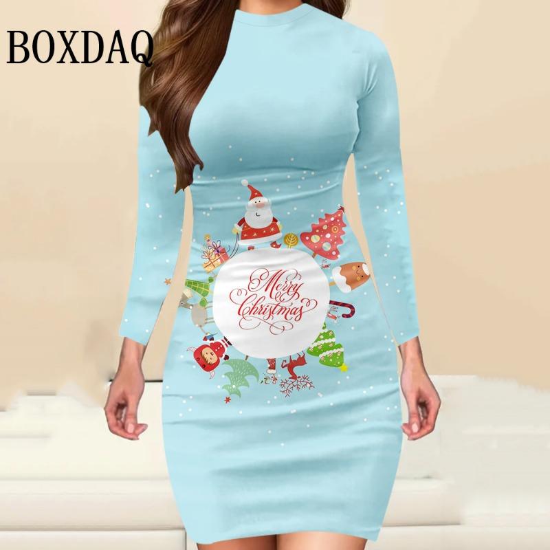 Merry Christmas Cute Santa Claus Print Women Dress Autumn Winter Lady Long Sleeve Dress Christmas Tree