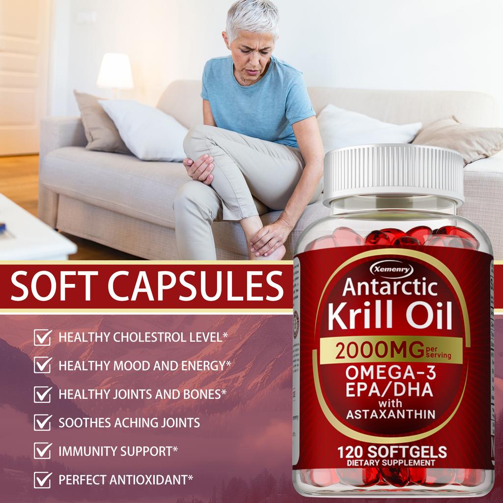 Olio di Krill Antartico 2000 mg con Omega-3 EPA, DHA, Astaxantina e Fosfolipidi, Senza Glutine, Non-OGM