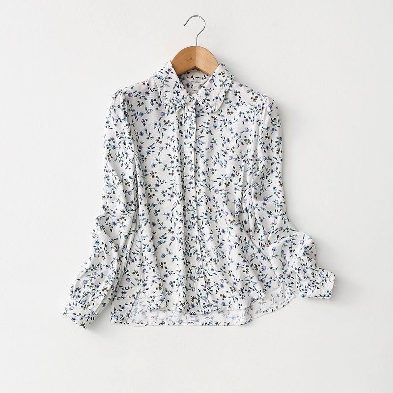 

Export Export Simple Anti-Aging Ethnic Style Breathable Plaid Cotton Silk Shirt Long Sleeves Print Artificial Cotton Tops Rice white background small flowers 36