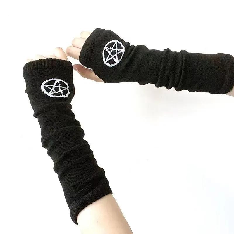 Punk Cross Pentacle Moon Pattern Long Fingerless Gloves Gothic Black Cuff Women Men Ninja Outdoor Cos Elbow Mittens Arm Warmers