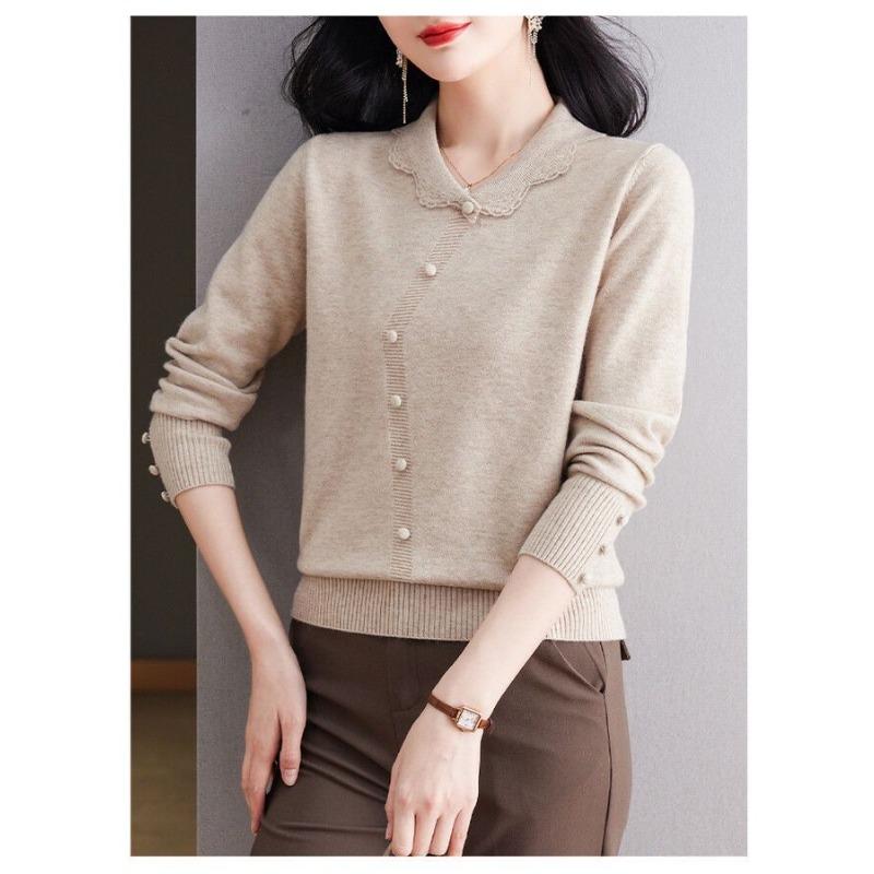 Knitted Solid Color Age-reducing Sweater Lapel New Style Loose Base Top