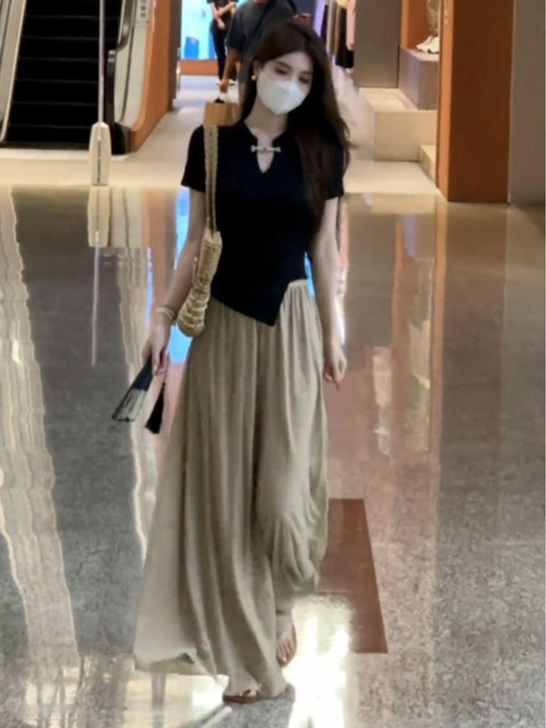 Plus Size Women's Summer Chinese Style Two-Piece Set: Top & Wide-Leg Pants - Elegant Goddess Look