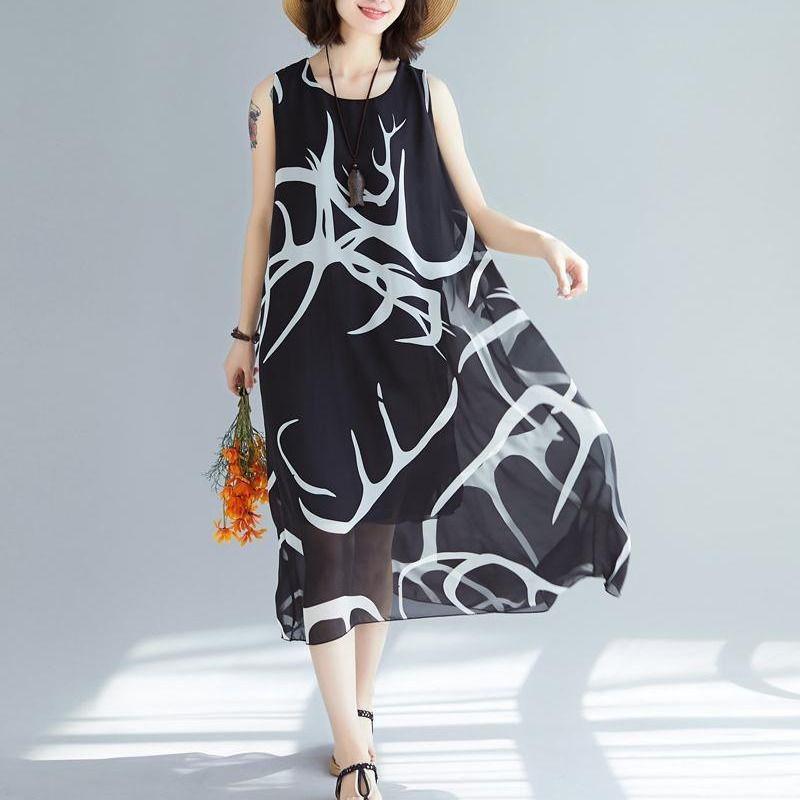 

Летние свободные сарафаны с оборками и подолом, принтованное шифоновое платье без рукавов для женщин размера L-XXXL, длина до щиколотки, длинный жилет XXXL чёрный