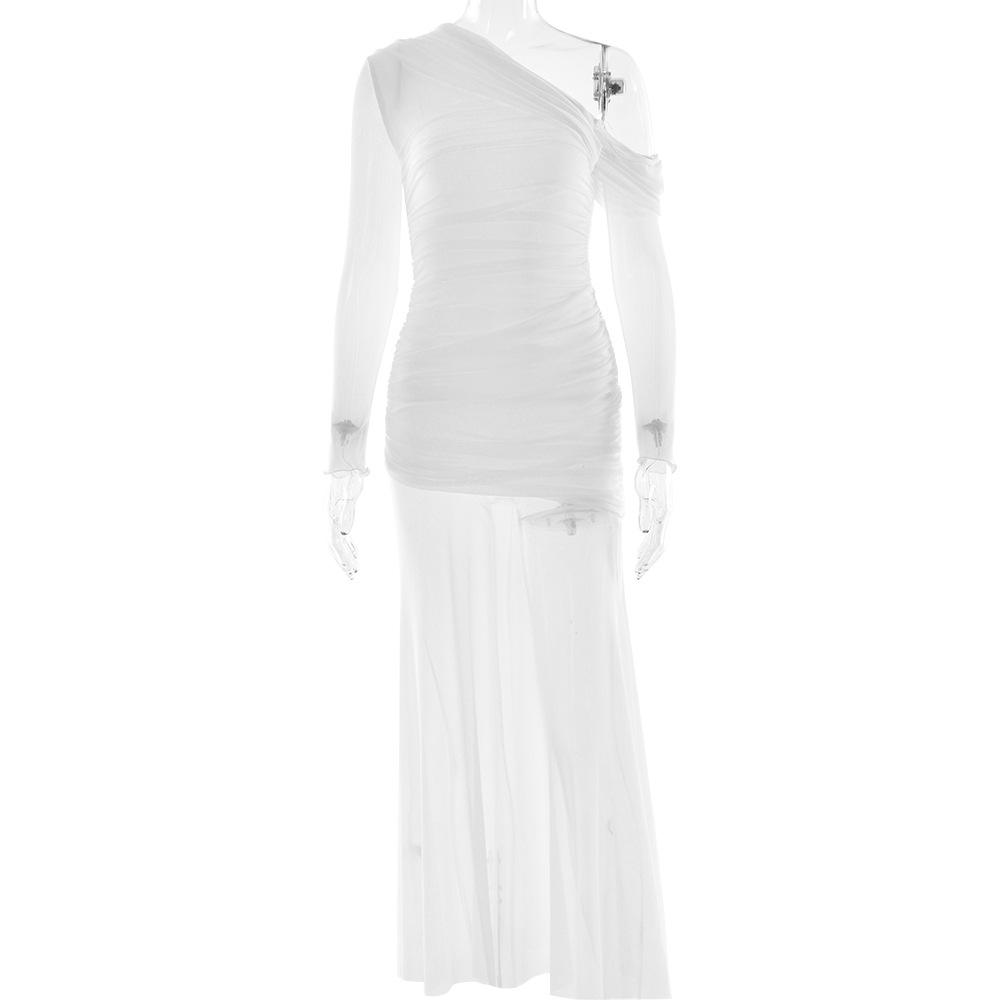 Women s Asymmetric Neck Long Sleeve Maxi Dress Slim High Waist Mesh Ruched Evening Gown Sheer Party Dress S