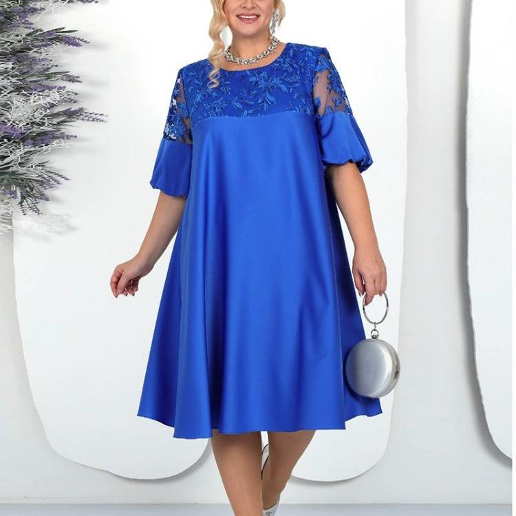 

Summer Women Dress Casual Long Dresses Short Sleeve Embroidery O Neck Big Size 0XL темно-синий