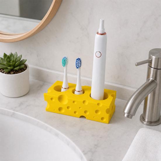 Toothbrush Holder, 3-Hole Partitioned Storage, Creative Cheese Shape Organizer, with Hollow Drainage Structure Stand for Electric Toothbrushes