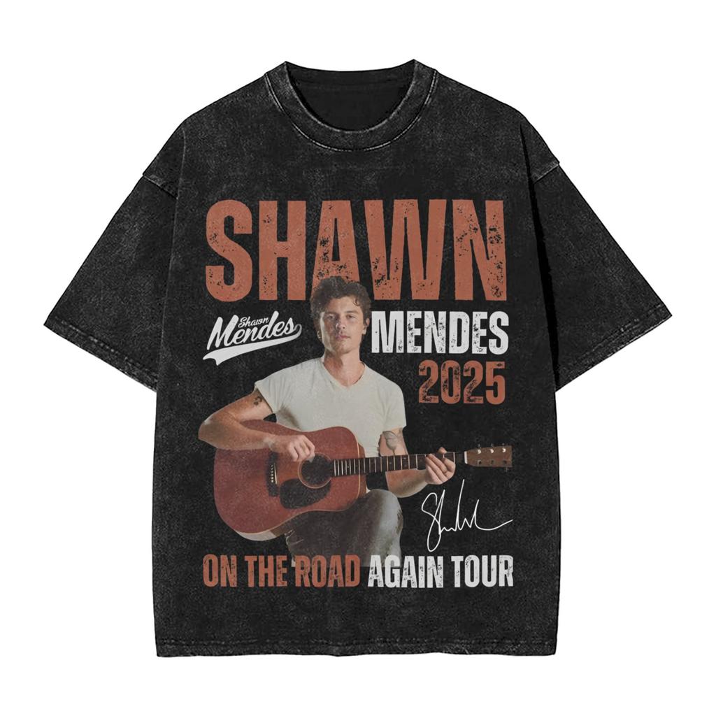 Harajuku Washed Shirt On the Road Again Shawn Unisexdes Tour Merch Vintage T Shirt Streetwear Short Sleeve Printed Tops Tees