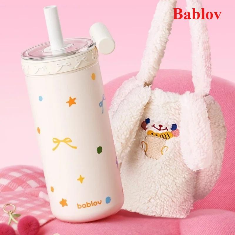 Bablov Thermos Cup Double-layer Cold Insulation Straw Cup Stainless Steel Vacuum Flask High Borosilicate Glass Liner Coffee Cup