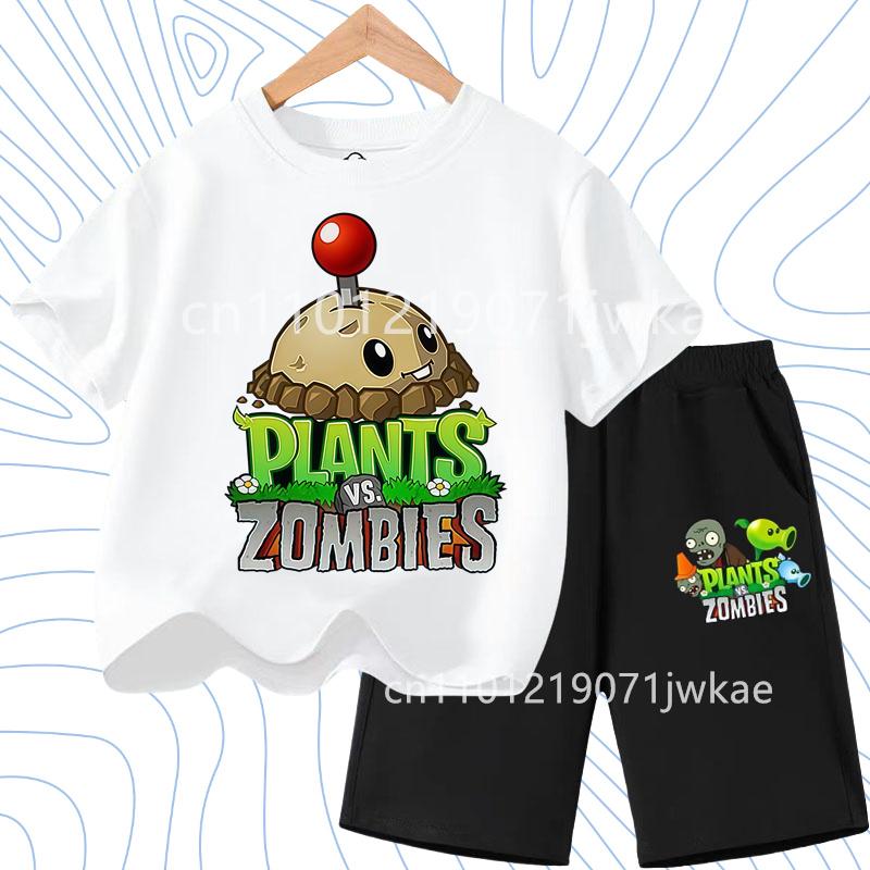Kids Street Fashion Boys Girls T Shirt Set Plants Vs Zombies Cute Print 2026 Summer Casual Daily Wear 3-12 Age Shirt Suit