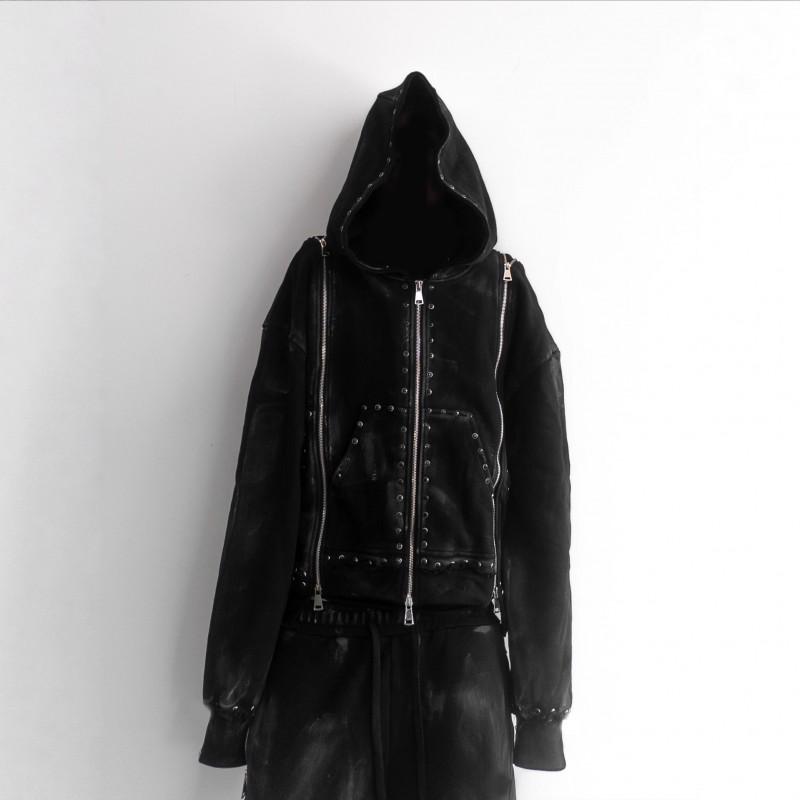 Unisex Streetwear Hoodie Pants Set With Detachable Zippers Water Washed Casual Tracksuit Teens Young Adults