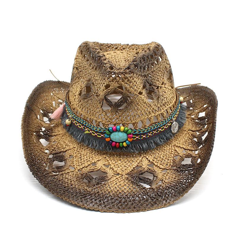 Ethnic Style Hand-Woven Hollow Straw Hat Men'S And Women'S Summer Sun Protection Hat Western Cowboy Straw Hat