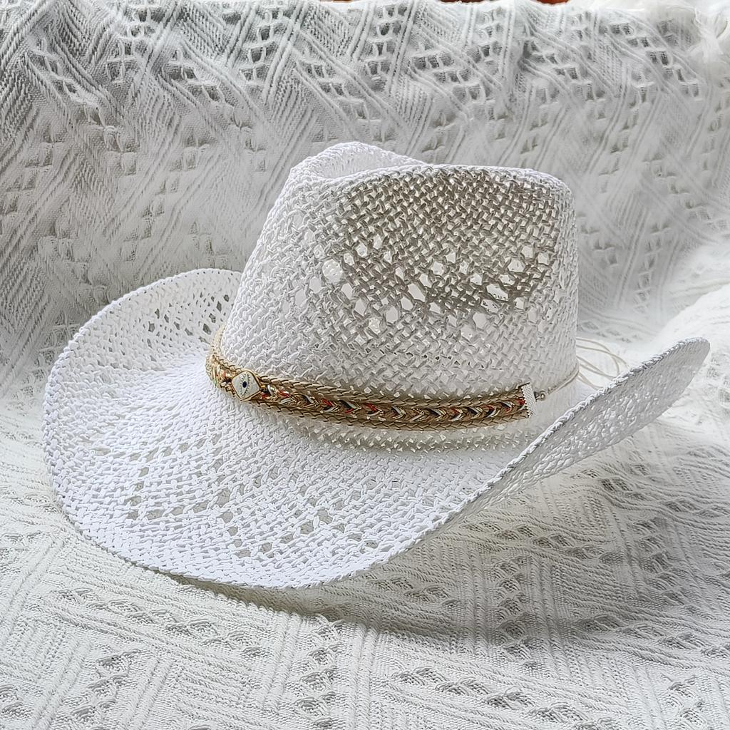 Western Straw Cowboy Hat White Straw Hat Solid Sombrero Vaquero Sunshade Jazz Hat Panama Sun Hat Sombrero Vaquero Hombre Chapea