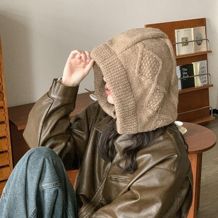 Wool Knitted Large Version Balaclava Hat Women's Warm Coarse Linen Pattern Horn Buckle Ear Protector Pullover Hat