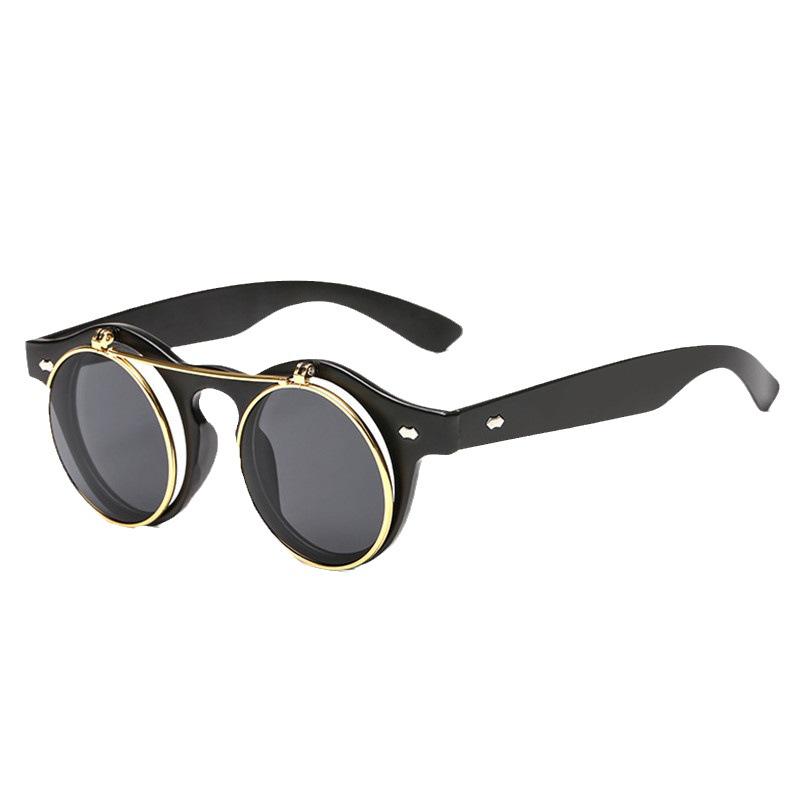 Double-Layer Flip-Up Round Steampunk Sunglasses - Retro European & American Trend
