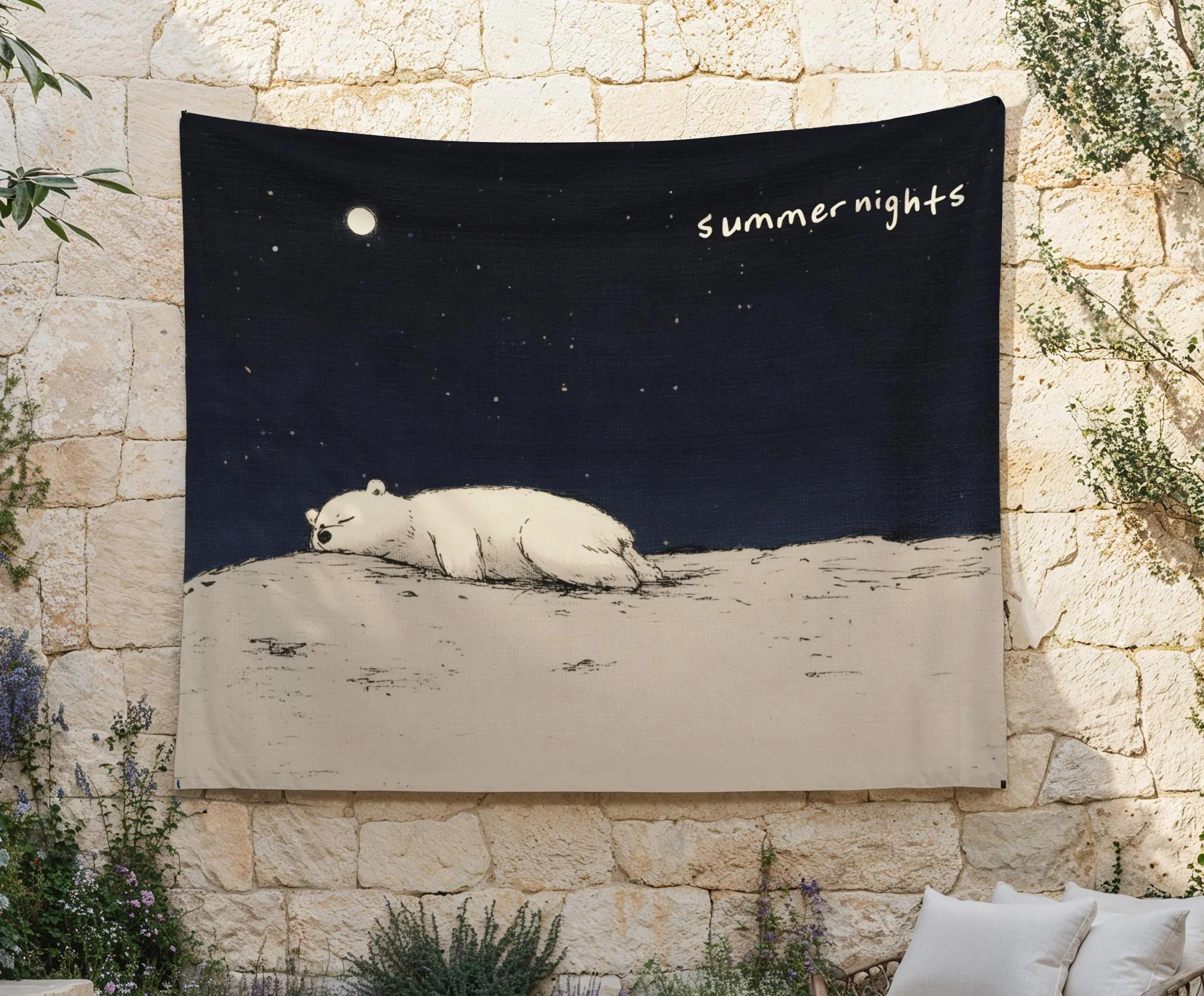 Summer Night Sleeping Bear Hand drawn Tapestry Healing Background Cloth Living Room Decoration Room Decoration 100X70CM