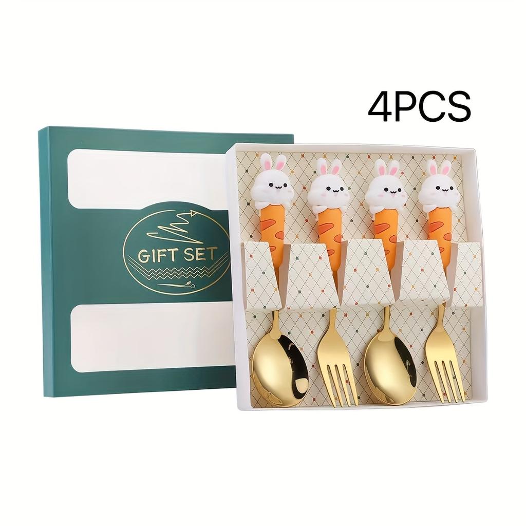 4pcs Cute Rabbit Gift Stainless Steel Spoon Fork Cutlery Set with Adorable Cartoon Bunny Figurine Gift Box