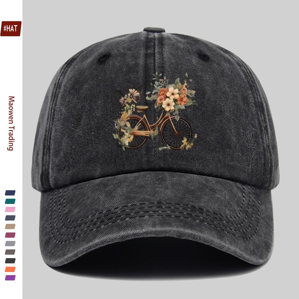Pc Pcs Adjustable Vintage Washed Trucker Cap with Bicycle Print  Floral Butterfly Design  Lightweight Suitable for Men  Wom