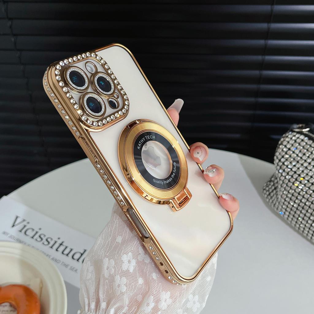 Magnetic Plating Glitter Diamond Camera Lens Protector Bumper Phone Case With Stand For iPhone 17 16 15 Pro Max Samsung S25 S24 Clear Protective Cover