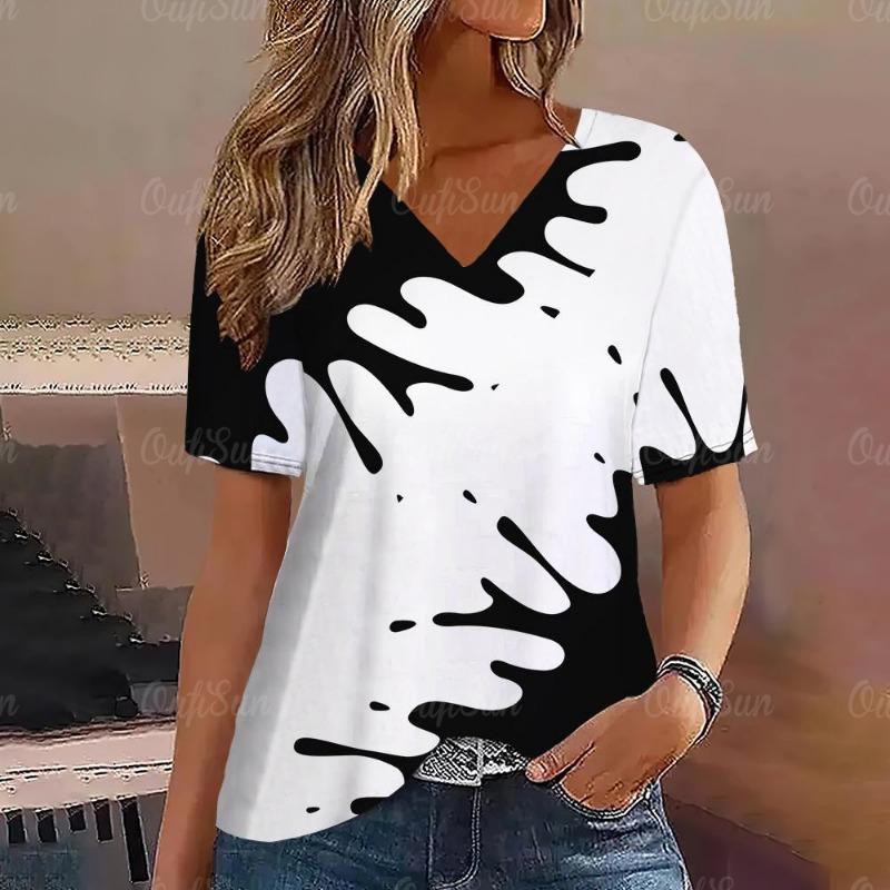 Gradient V Neck Short Sleeve T-Shirt Fashion Women T Shirt Print Basic Tops Streetwear Summer Oversized Clothing Female T-Shirts