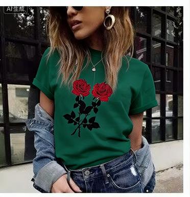 Crew Neck Short Sleeve Red Rose Print T Shirt Women's Outfits Casual Streetwear Fashion Lady Loose Clothing Woman T-shirts Tops