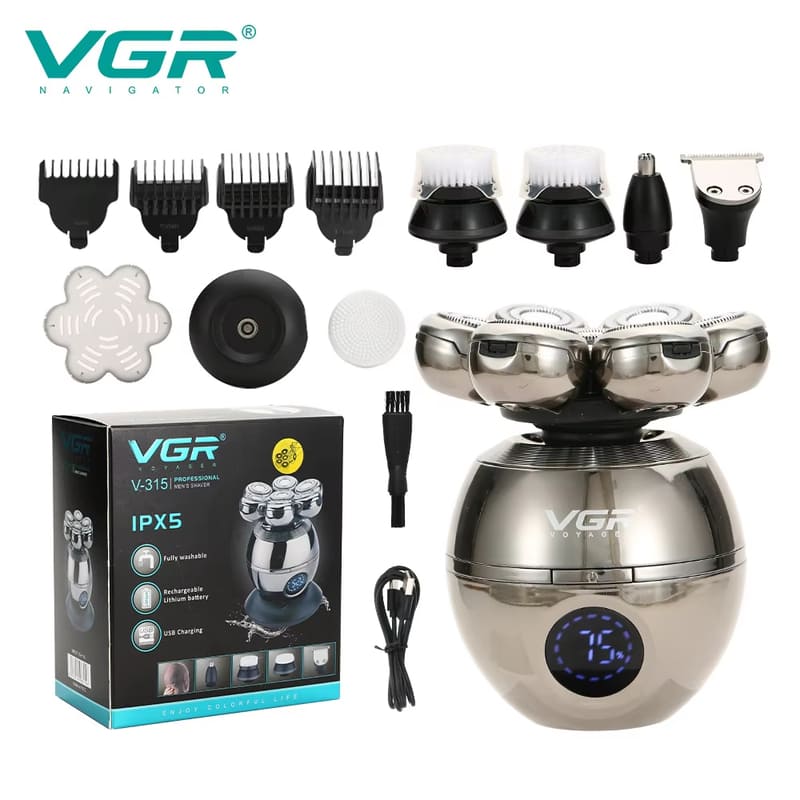 

New VGR V-315 5-in-1 Multi-function IPX5 Ball Shaver with Digital Display Base Shaving Head Beard and Nose Hair Trimmer Multi-head Hair Trimming