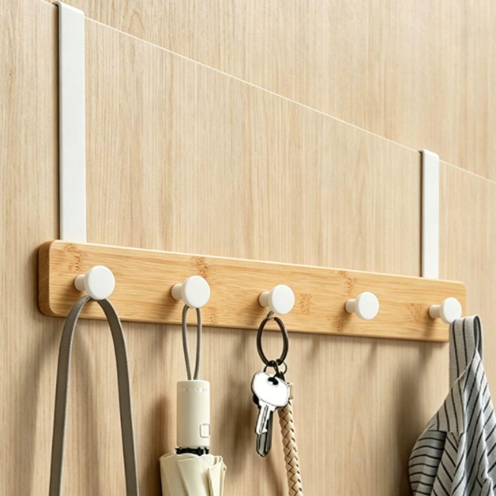 Natural Bamboo Over The Door Hooks Matte Metal Brackets Hat Hanger Clothes Rack Kitchen Storage