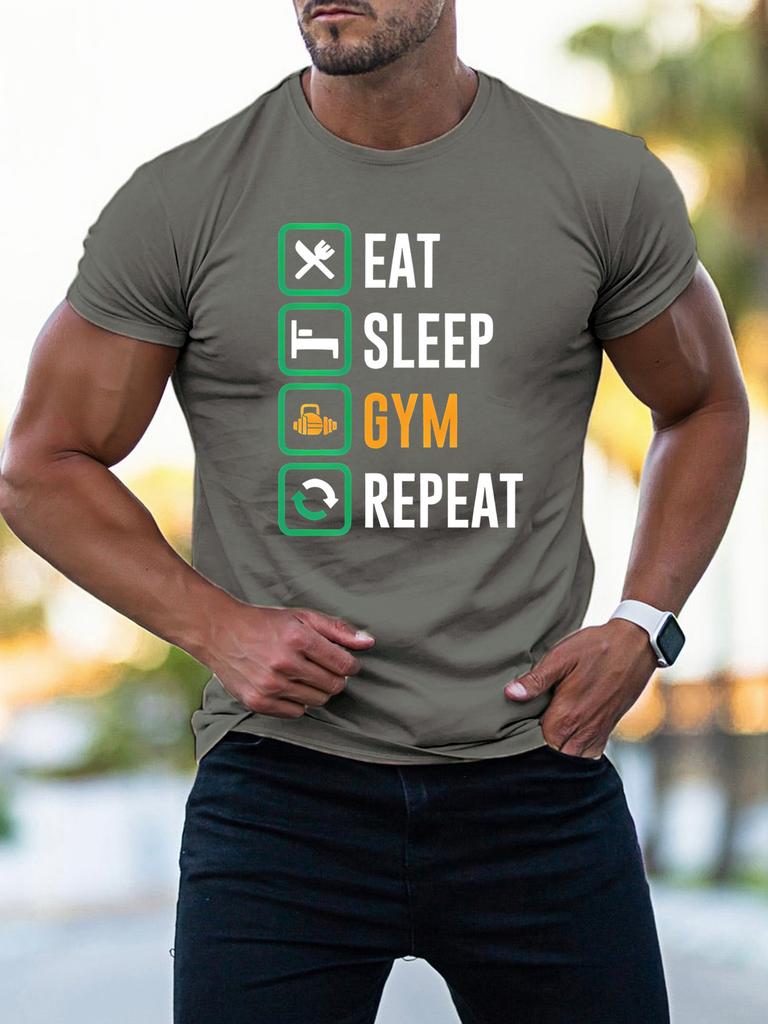 Unisex Crew Neck Tee Gym Lover Eat Sleep Gym Repeat Text Print Soft Cotton Loose Short Sleeve Summer Casual Male Streetwear Tops