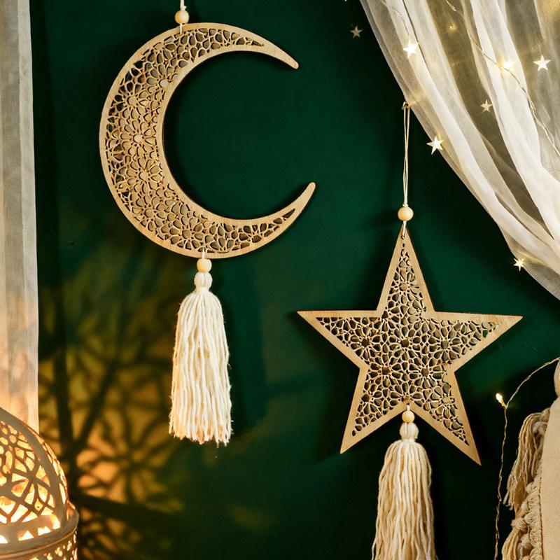Ramadan Wooden Hanging Ornament Moon And Star Hollow Wall Decor With Tassel Eid Mubarak Muslim Decor Ramadan Kareem Gift