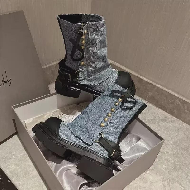 Bottes de cowboy à plateforme pour femme, automne/hiver 2024, style tête de poupée coréenne, bottes cigarette courtes