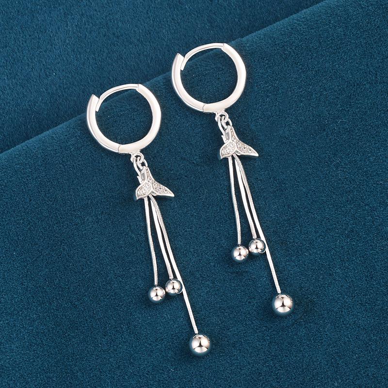 S925 Sterling Silver Diamond-Inlaid Fishtail Ear Cuff with Long Tassel - Luxurious, Elegant, and Versatile Earrings 925 Silver