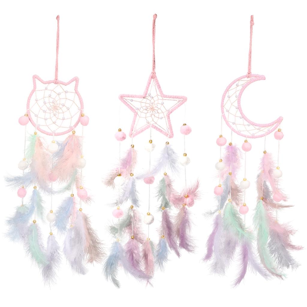 Dream Catcher Wall Decor Pink Feather Dreamcather Star Moon Wall Hanging for Girls Kids Bedroom Decor Birthday Christmas Gifts