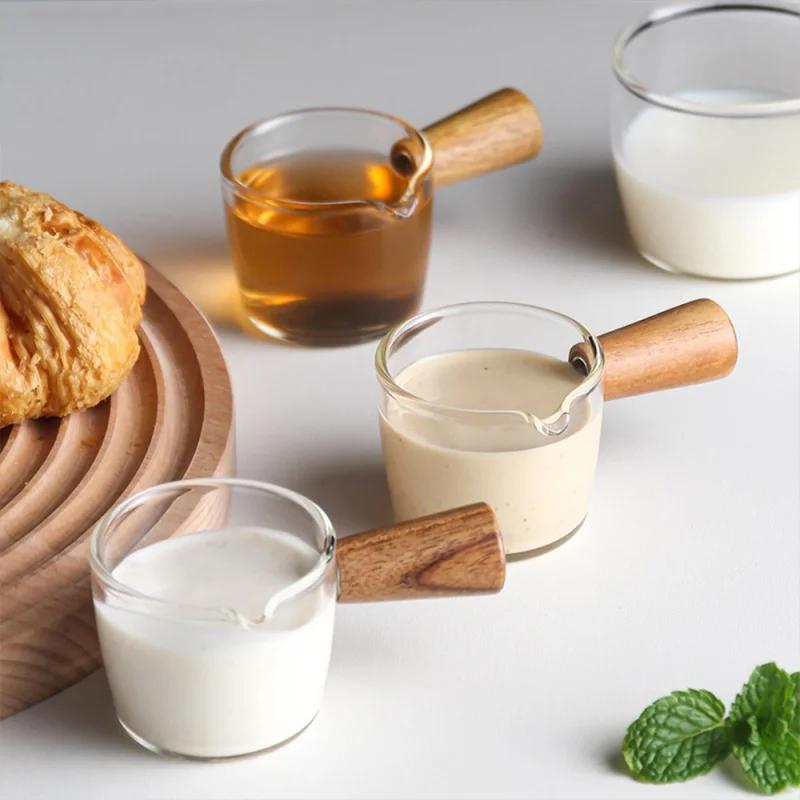 50/100ml Glass Measuring Cup Wooden Handle Espresso Cup Single Spout Milk Cup Coffee Supplies Transparent Kitchen Measuring