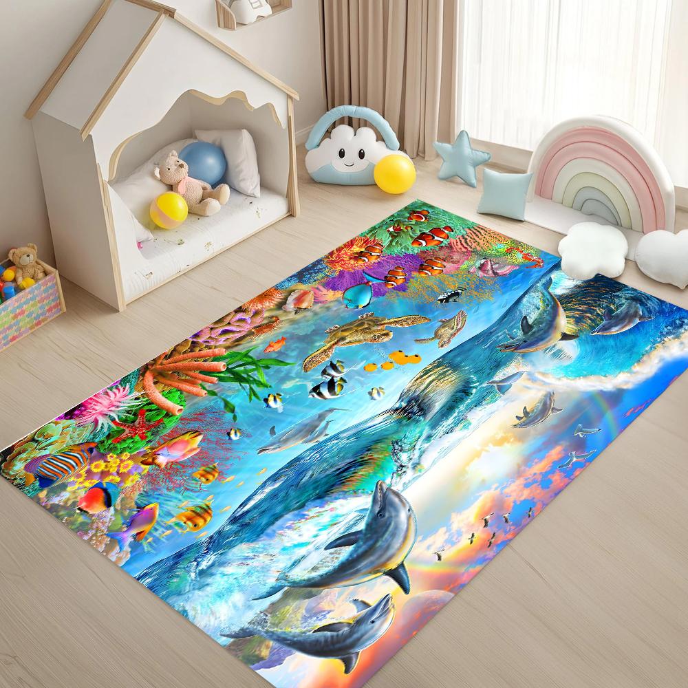 Ozean Delfine Teppich Tiefsee Korallenfisch Muster Weiche Rutschfeste Fußmatte Wohnzimmer Schlafzimmer Kinder Heimdekoration Teppich