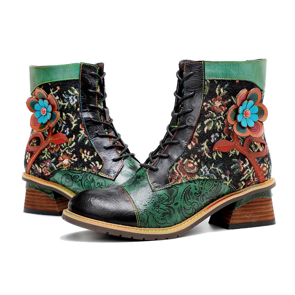 Johnature Plateaustiefel aus echtem Leder, Schnür-Damenschuhe, Blumenmuster, runde Zehen, Nähen, Prägung, Stiefeletten
