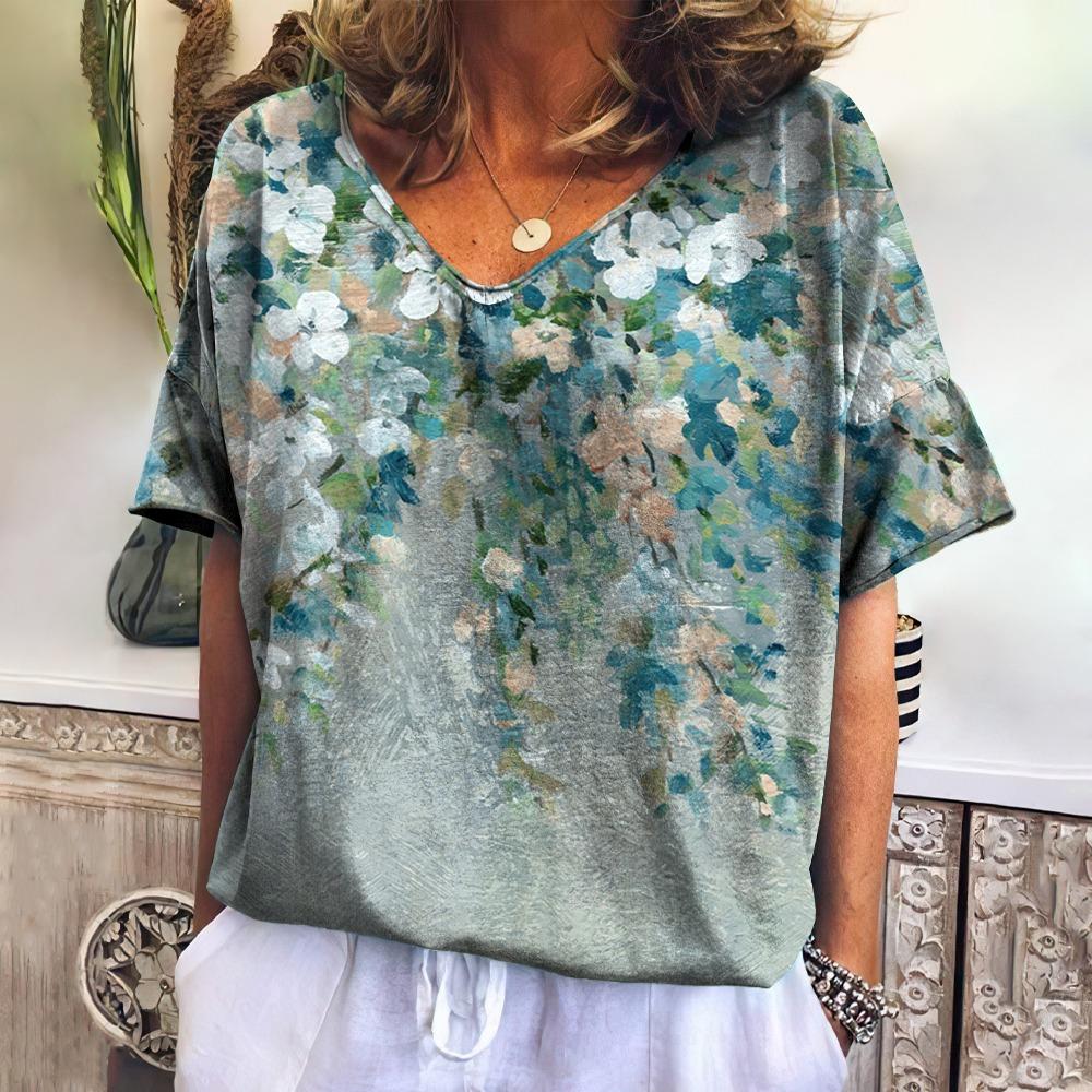 Summer New Women's T-shirt 3D Elegant Atmosphere V-neck Short Sleeve Shirt Fashion