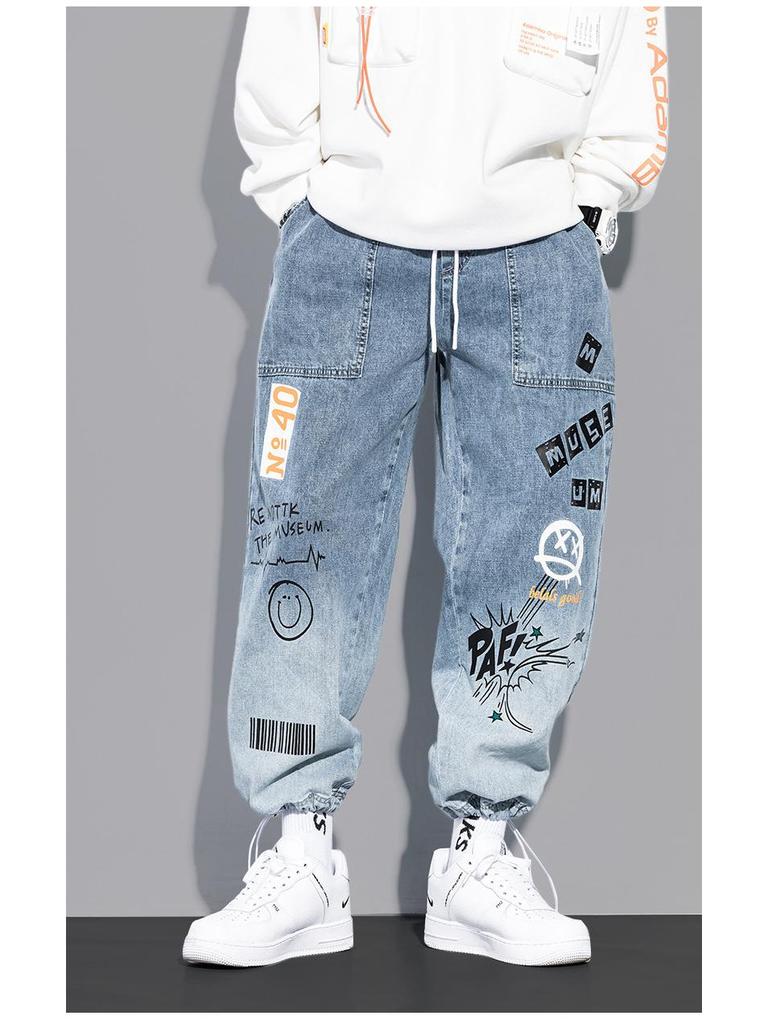 YOA Men's Autumn Graffiti Print Loose Jeans with Cartoon Design and Drawstring
