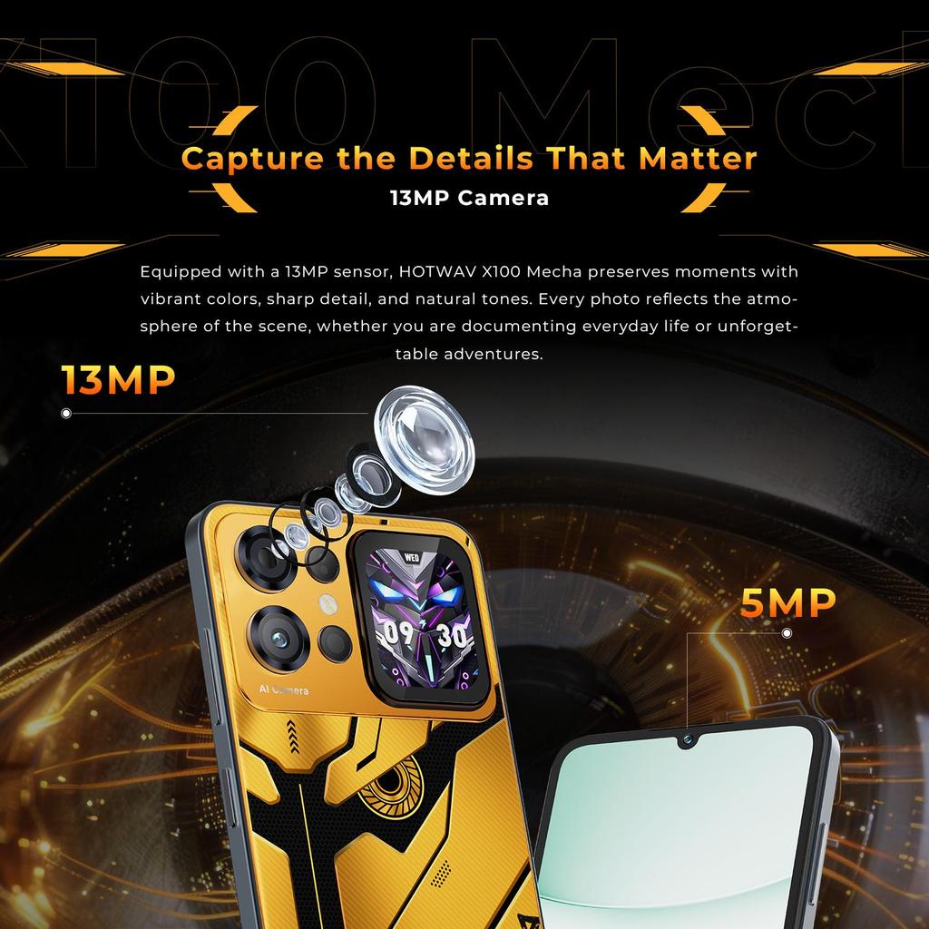 HOTWAV X100 Mecha 4G Smartphone, 6.75"FHD+, 16GB +128GB, Android 16,Slim and Lightweight body,Secondary screen,Dual SIM,Face/Fingerprint Unlock