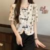 Women New Chinese Style Floral Print Short Sleeve Blouse with Frog Buttons