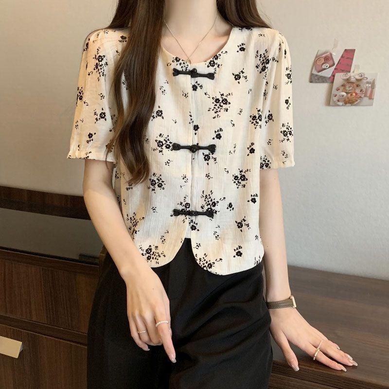 Women New Chinese Style Floral Print Short Sleeve Blouse with Frog Buttons