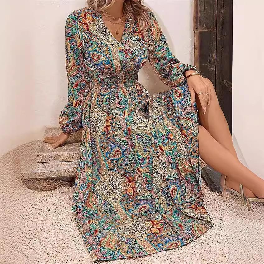Women's Autumn and Winter New Temperament V-neck Printed Long-sleeved Dress