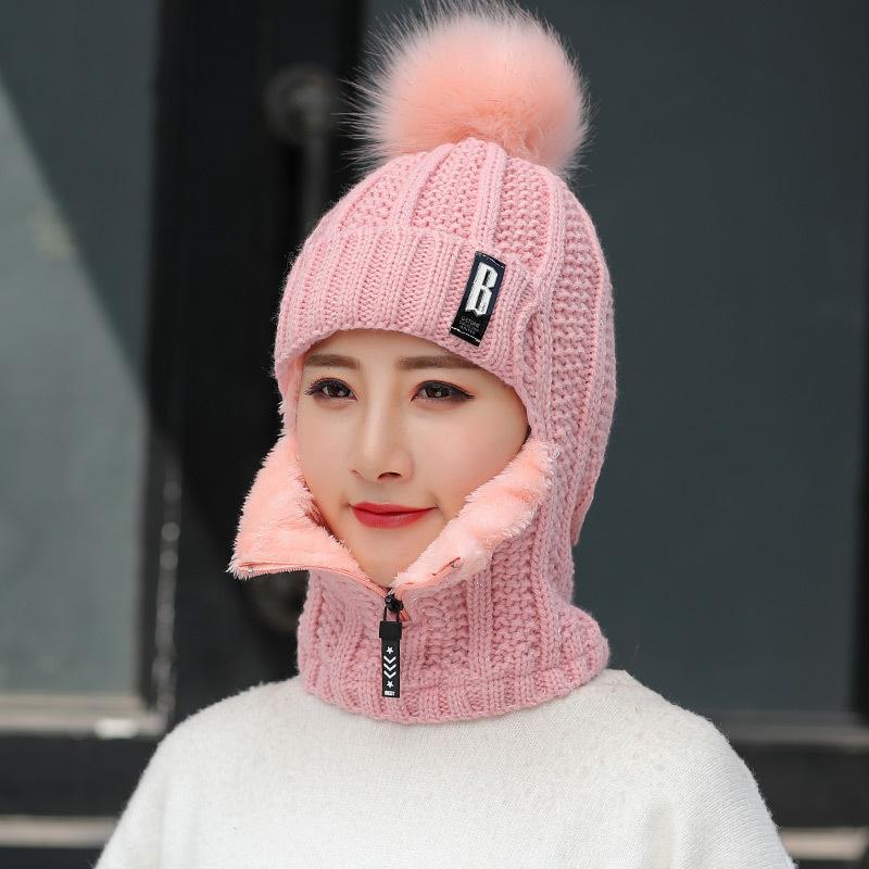 B standard one-piece hat women's winter warm knitted hat, damp velvet cold-proof cycling scarf integrated wool hat